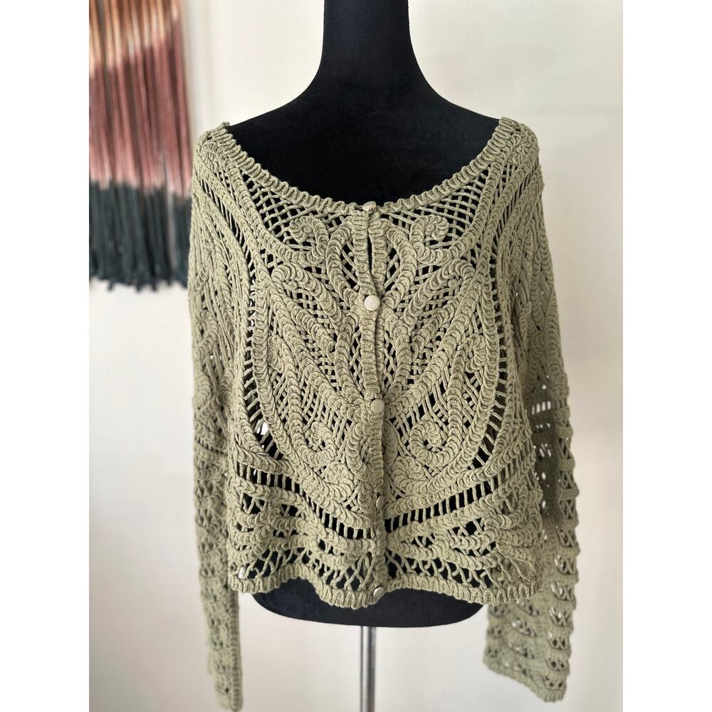 ULTRA PINK Crochet 100% Cotton Long Sleeve Cardigan in Olive Green Size L - Picture 2 of 7